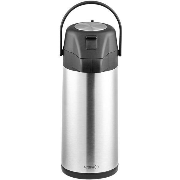 An Acopa stainless steel airpot with black and silver accents.