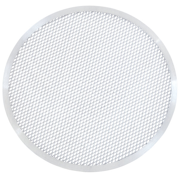 A round metal mesh pizza screen.