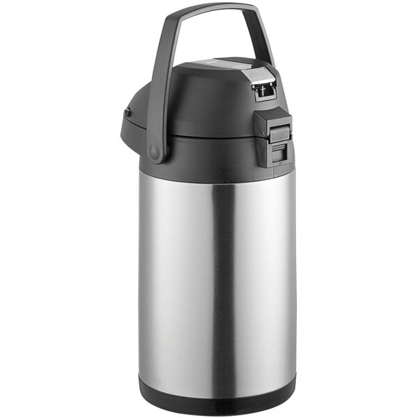 An Acopa stainless steel airpot with a metal lever and lid.