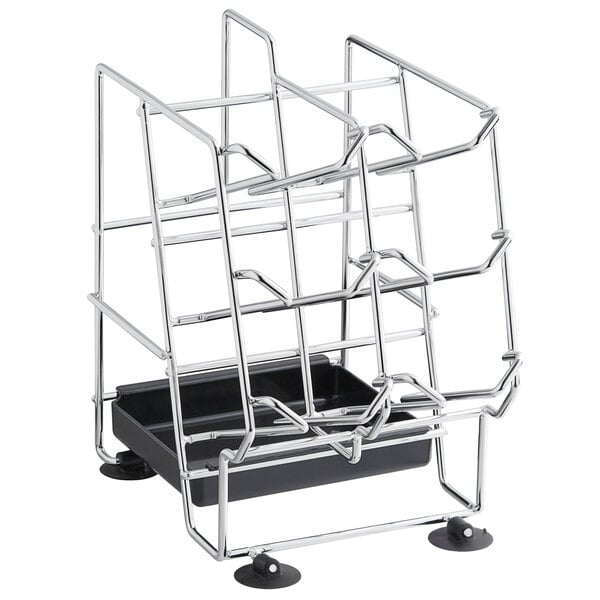 A stainless steel countertop holder with six compartments for squeeze bottles and a black drip tray.