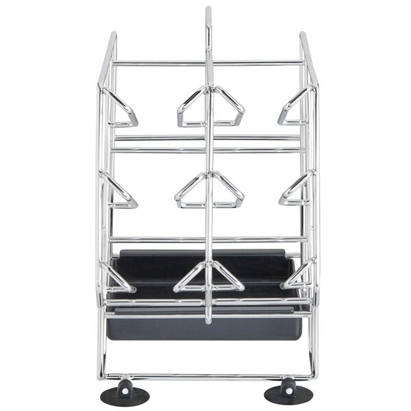 A stainless steel rack with six compartments on it and a black tray.