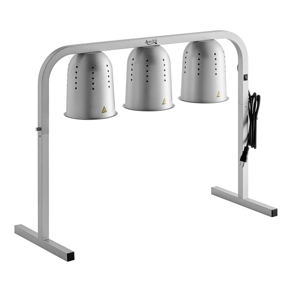 A white Avantco heat lamp stand with three silver bulbs.