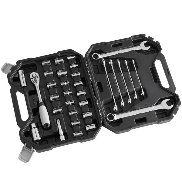 A black Olympia Tools mechanic's tool set in a folding blow mold case with wrenches and sockets inside.