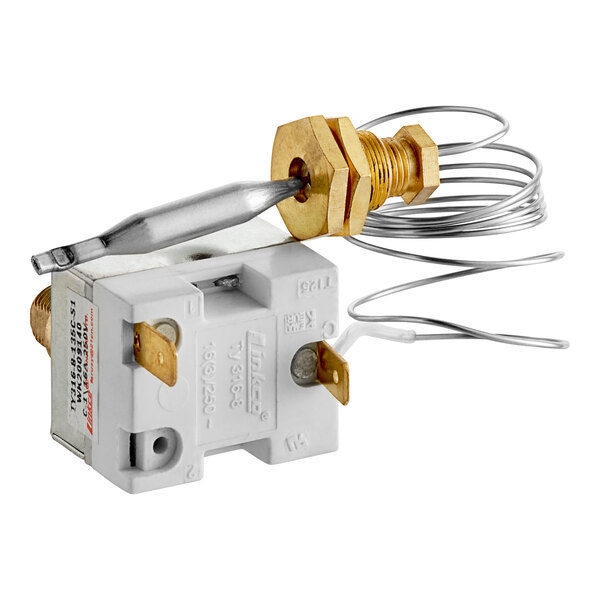 A close-up of a white Avantco temperature limiter with wires attached.