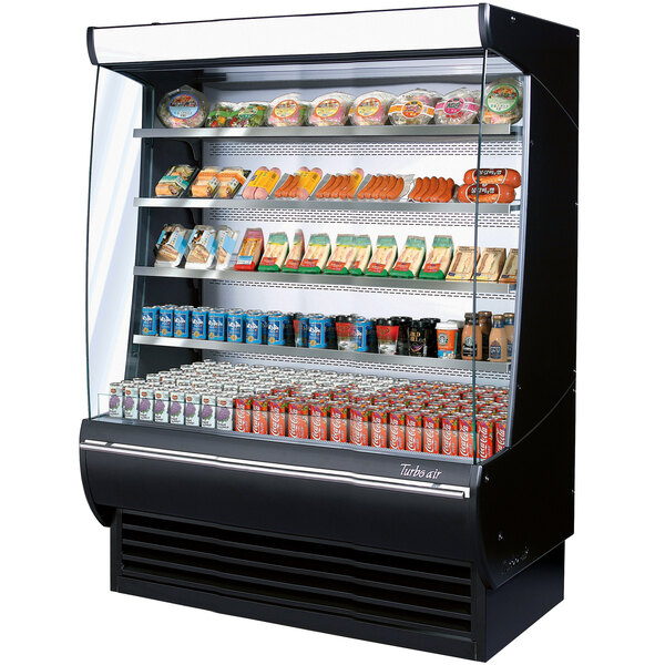 A black Turbo Air air curtain merchandiser with food on shelves.