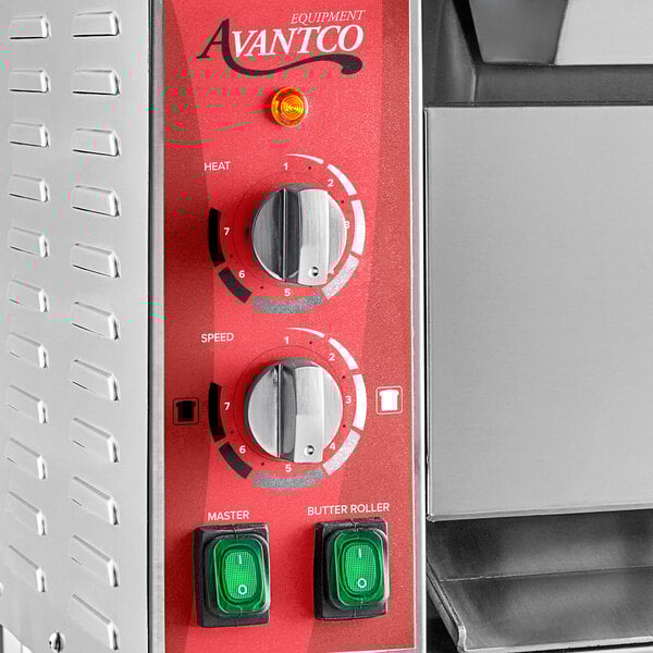 An Avantco vertical commercial bun toaster with red and silver dials.