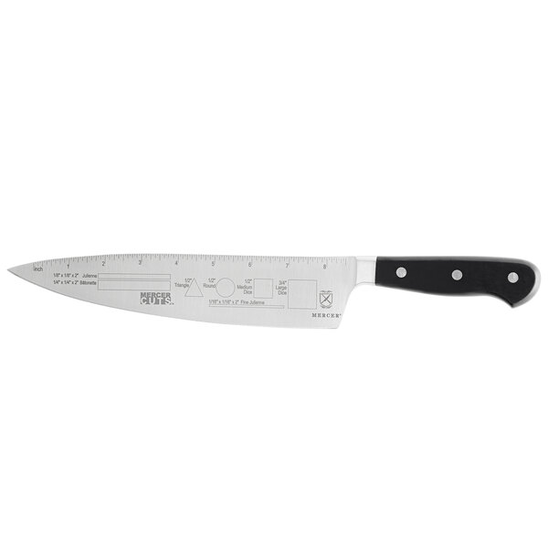 A Mercer Culinary Competition Knife with a black handle and a white blade.