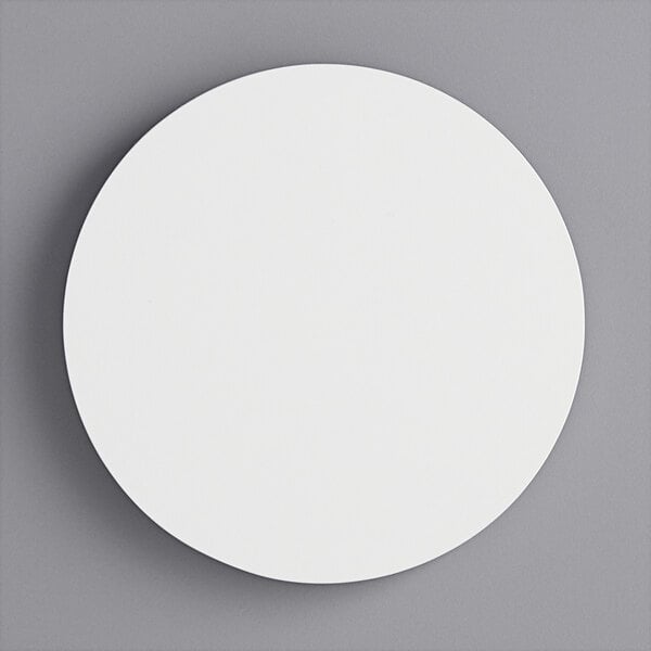 A white circular melamine-coated wood cake board with feet.