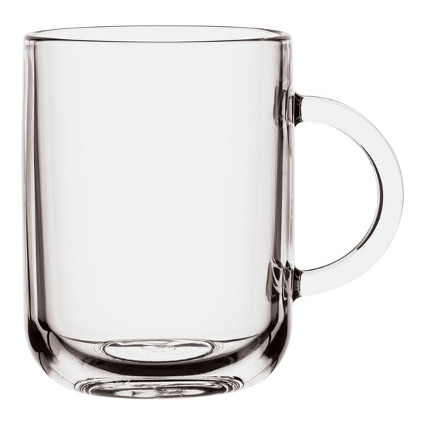 A Pasabahce Iconic fully tempered clear glass mug with a handle.