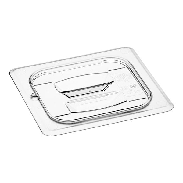 A clear plastic Cambro 1/6 size food pan lid with a metal handle.