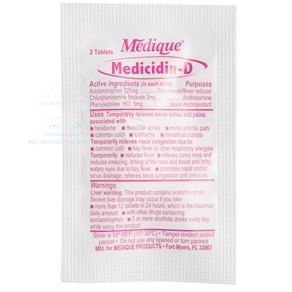 A white Medique package of Medicidin-D cold and allergy tablets with pink and red text.
