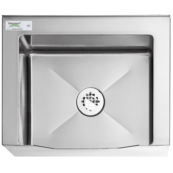 A Regency stainless steel mop sink with a notched front and a drain.