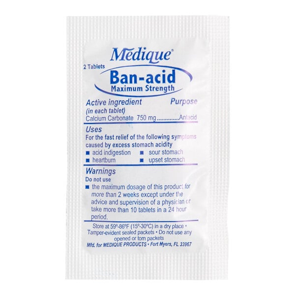 A packet labeled 'Medique Ban-acid Maximum Strength' containing 2 antacid tablets, with usage and warning information printed on the front.