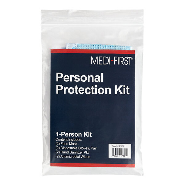 A single person personal protection kit containing face masks, disposable gloves, hand sanitizer packets, and antimicrobial wipes.