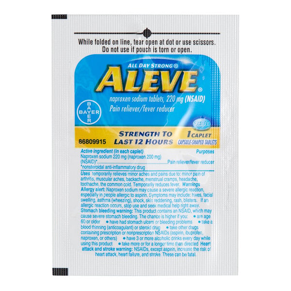 A single-dose packet of Aleve pain reliever/fever reducer with detailed usage and warning information on the front.