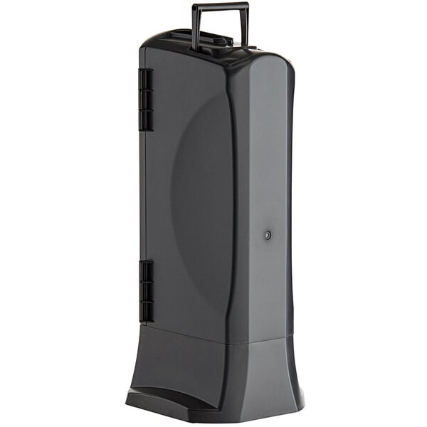 A black rectangular plastic WeGo utensil dispenser with a handle.