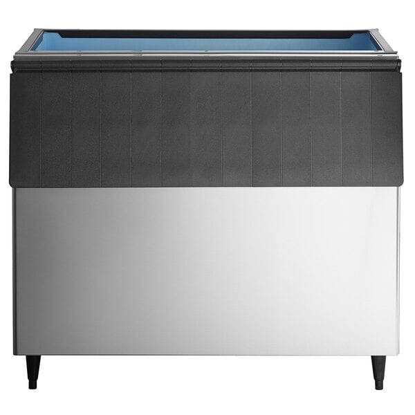 A rectangular stainless steel Hoshizaki ice bin with a blue lid.