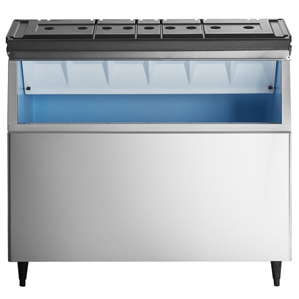 A stainless steel Hoshizaki ice storage bin with a blue lid.