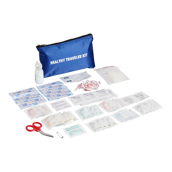 A 96-piece domestic healthy traveler first aid kit with various medical supplies and a blue zippered pouch labeled 'Healthy Traveler Kit.'