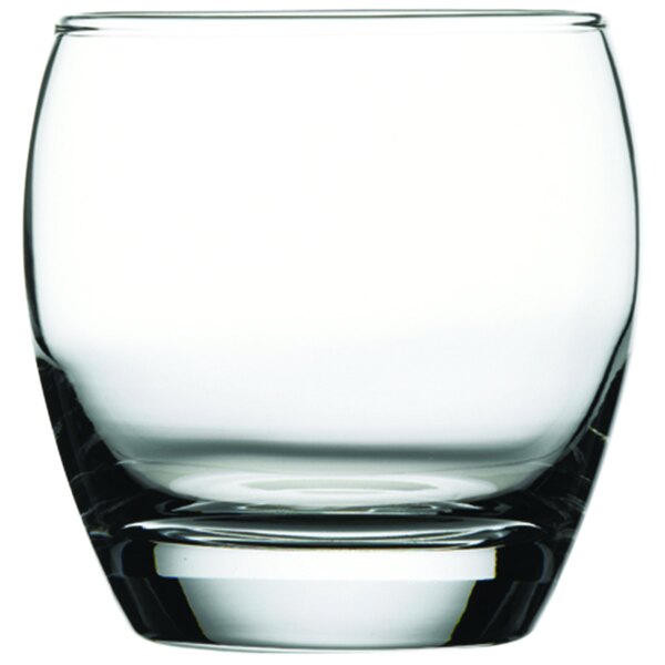 A close-up of a Pasabahce Imperial clear rocks glass.