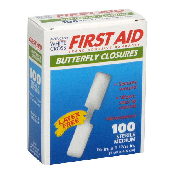 A box of American White Cross latex-free medium butterfly closures containing 100 sterile adhesive bandages.