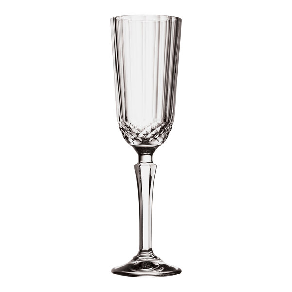 A close-up of a Pasabahce Diony wine flute with a long stem.