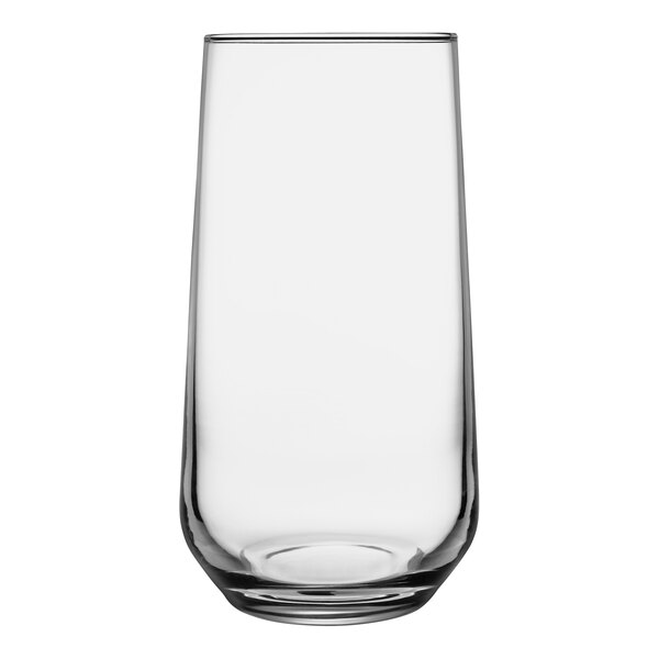 A close-up of a clear Pasabahce Allegra long drink glass with a white background.