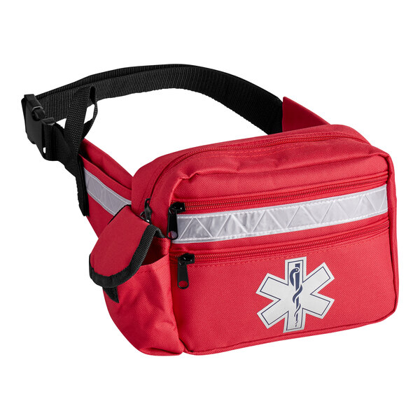 A red fanny pack basic first aid kit with a medical symbol and multiple zippered compartments.