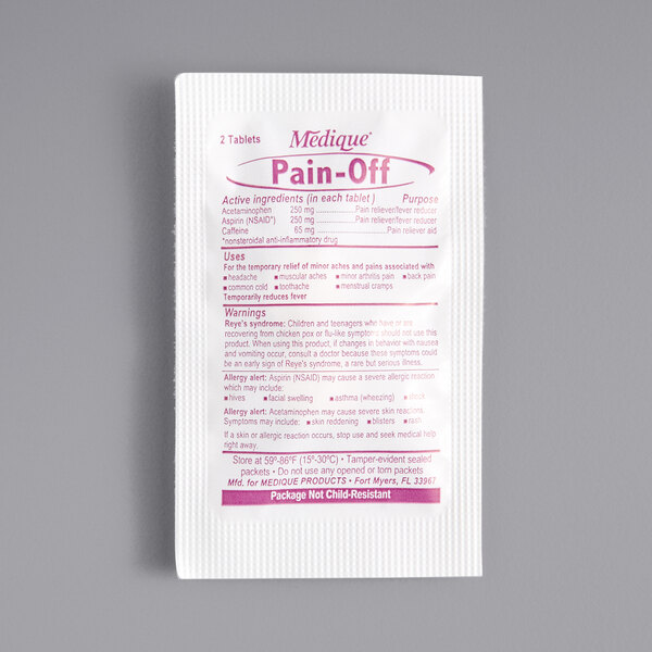A white Medique packet of Pain Off Extra Strength tablets with pink text.