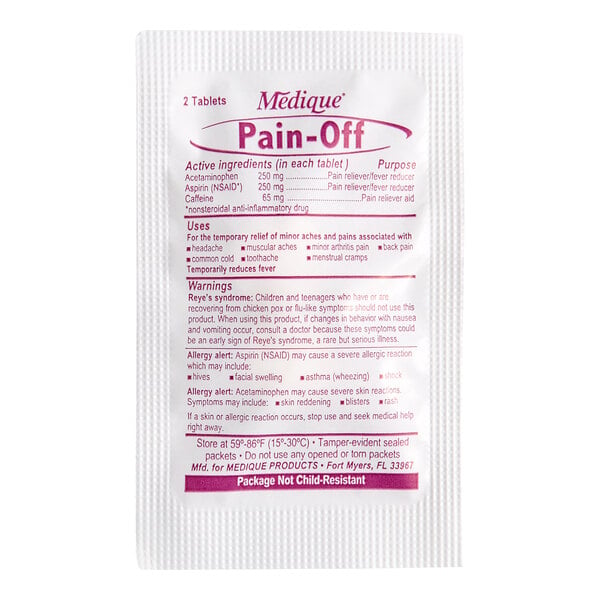 A white packet labeled 'Medique Pain-Off' containing two tablets, with active ingredients and usage information printed on the front.