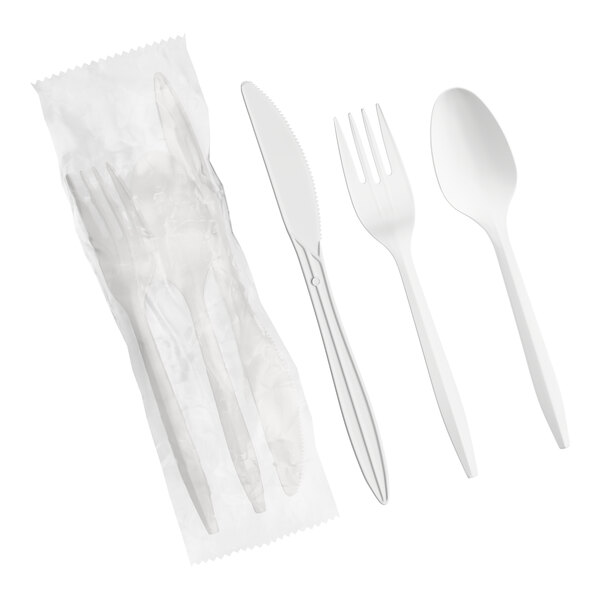 Choice Medium Weight White Wrapped Polypropylene Plastic Cutlery Set with Knife, Fork, and Spoon - 500/Case