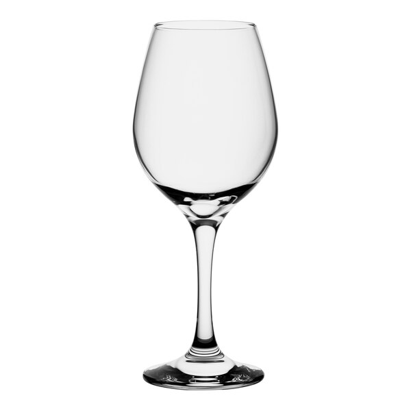 A close-up of a clear Pasabahce Amber wine glass.