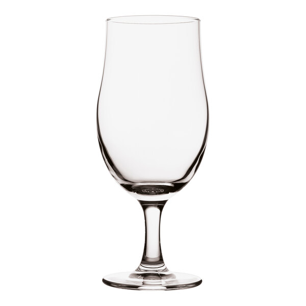 A Pasabahce stemmed beer glass with a clear glass and a stem.