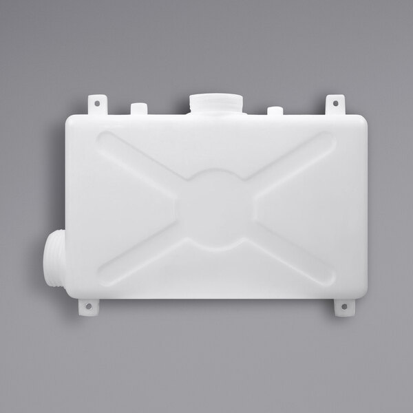 A white plastic solution tank with a lid and a cross on it.