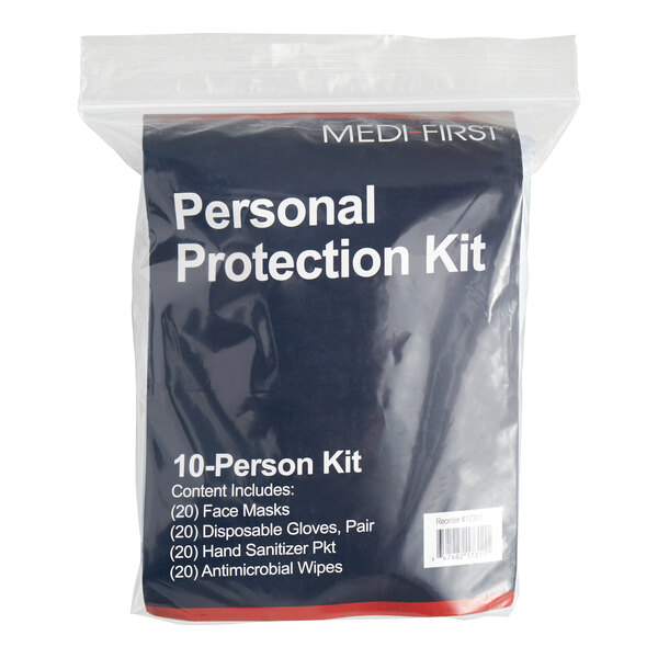 A 10-person personal protection kit in a clear resealable bag containing face masks, disposable gloves, hand sanitizer packets, and antimicrobial wipes.