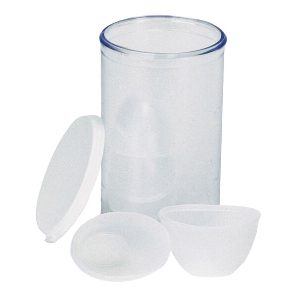A set of clear plastic eye cups with lids, designed for eye washing or rinsing.