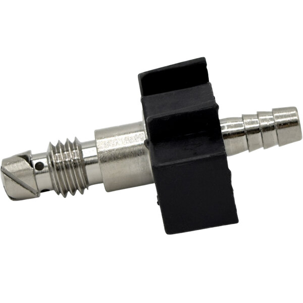 A black and silver metal nozzle assembly with plastic threading.