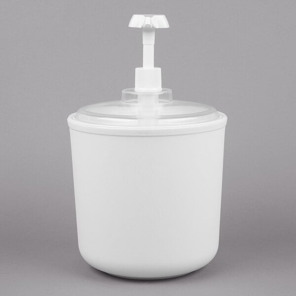 A white plastic Carlisle Coldmaster container with a pump lid.