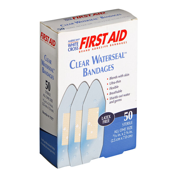 A box of Medique 68550 Clear Waterseal Bandages containing 50 sterile, latex-free adhesive bandages.