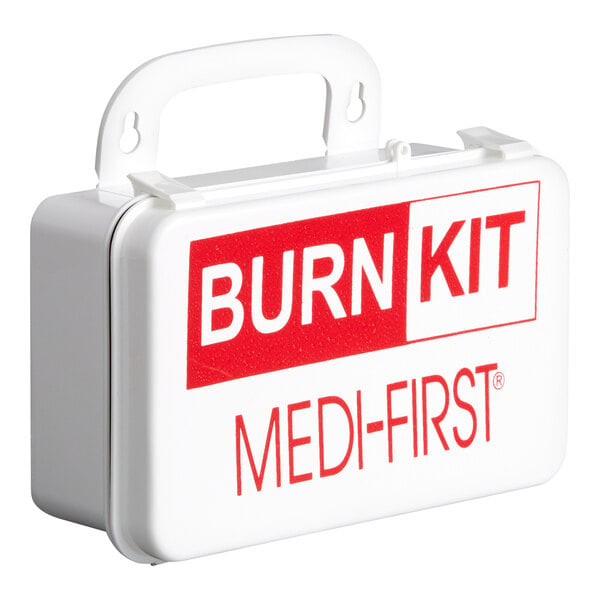 A white plastic case with a handle, labeled 'BURN KIT MEDI-FIRST' in red text.