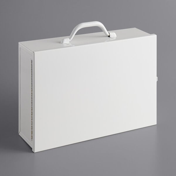 A white metal box with a white handle.