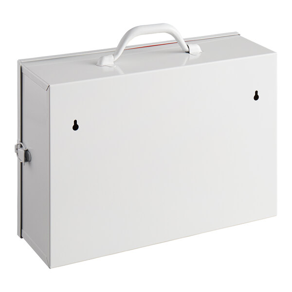 A white, metal two-shelf first aid cabinet with a handle and wall-mounting holes.
