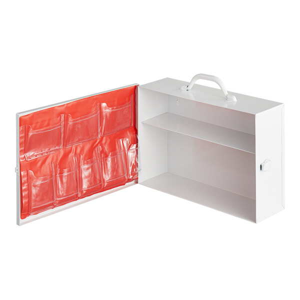 A white two-shelf empty first aid cabinet with a handle and clear storage pockets on the inside of the door.