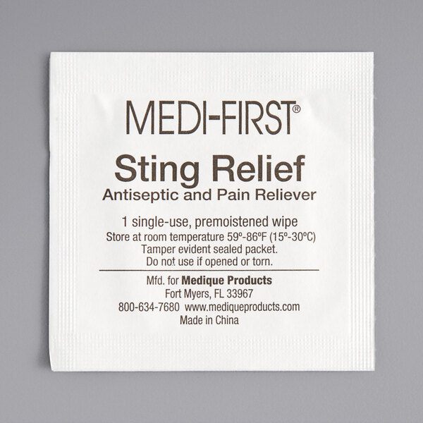 A box of 10 Medique Medi-First sting relief pads.