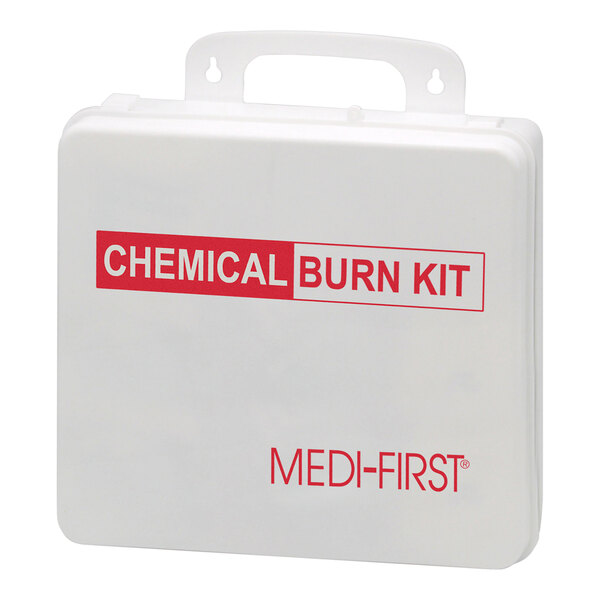 A white plastic case labeled 'CHEMICAL BURN KIT' and 'MEDI-FIRST' in red text, with a handle on top.