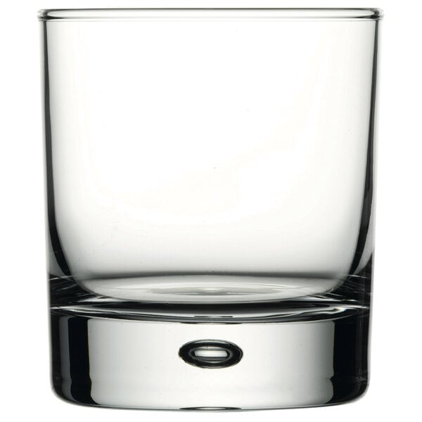 A close up of a Pasabahce Centra double old fashioned glass with a small bottom.