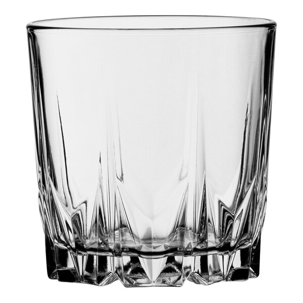 A clear Pasabahce Karat rocks glass with a faceted base.