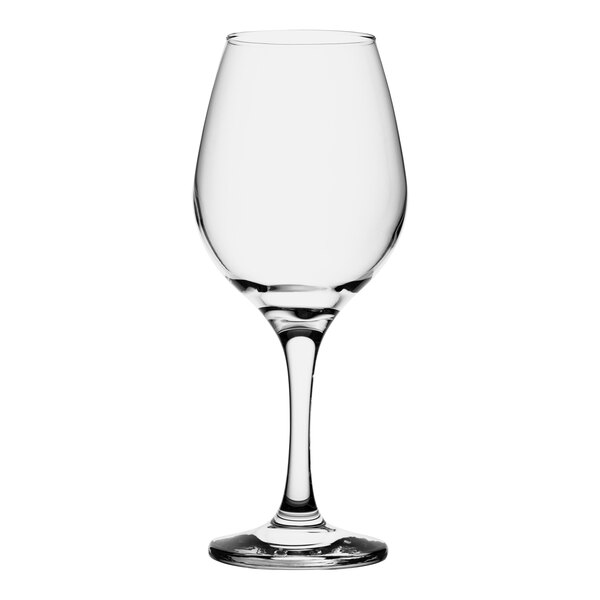 A close-up of a clear Pasabahce Amber wine glass.