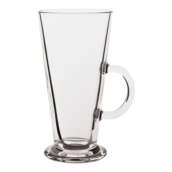 A clear glass cup with a handle.