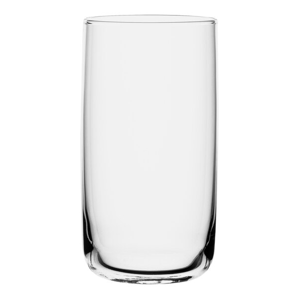 A close-up of a clear Pasabahce Iconic long drink glass.
